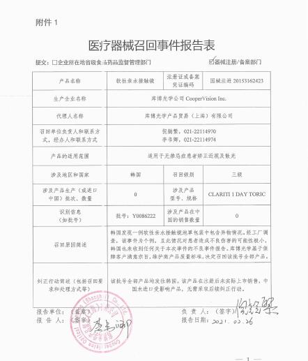 庫博光學(xué)公司CooperVision Inc.對(duì)軟性親水接觸鏡主動(dòng)召回