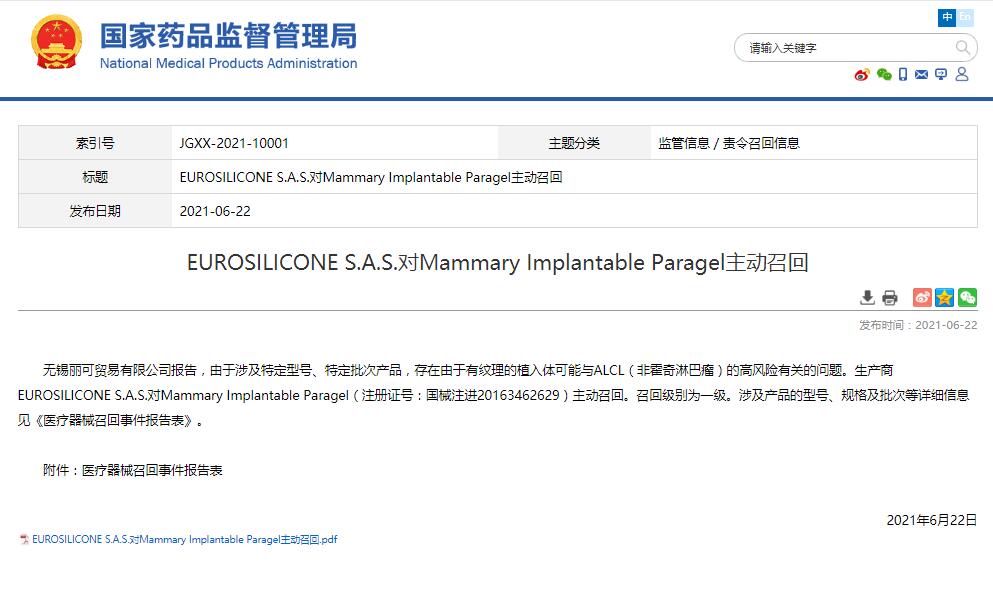 EUROSILICONE S.A.S.對(duì)Mammary Implantable Paragel主動(dòng)召回