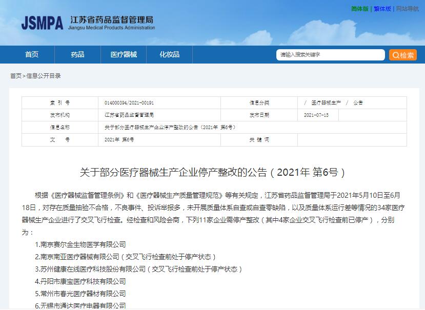 關(guān)于部分醫(yī)療器械生產(chǎn)企業(yè)停產(chǎn)整改的公告（2021年 第6號(hào)）